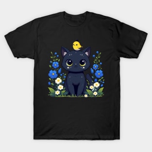 Black Cat With Yellow Bird in Flower Garden T-Shirt